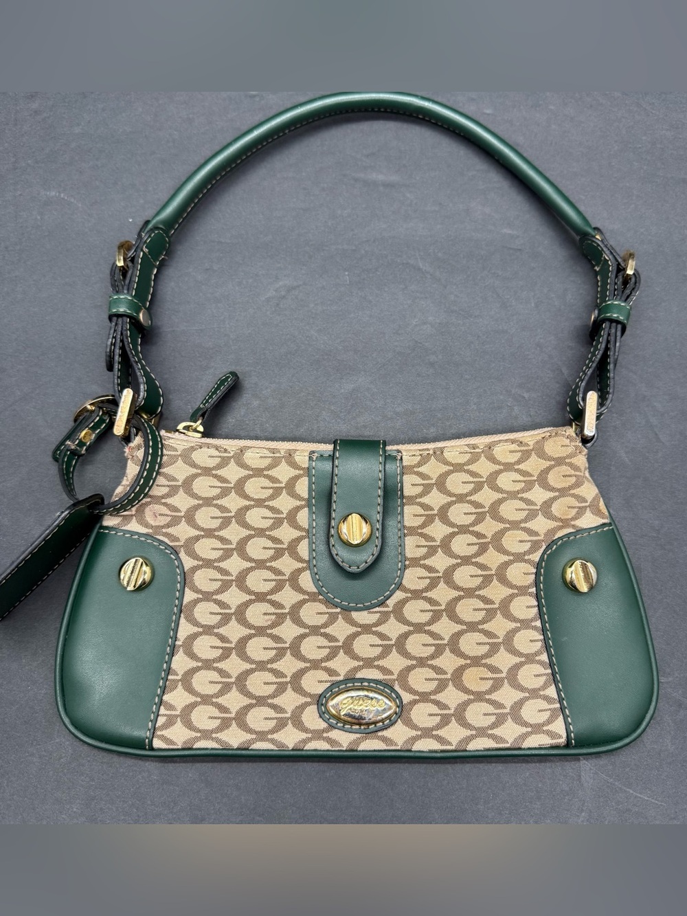 Y2K Guess Mini Shoulder Purse Monogram Print Gold Hardware Studded Designer RARE